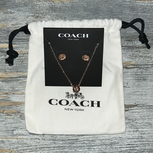 Coach Jewelry - Coach tea rose stud earring open circle necklace set rose gold NWT